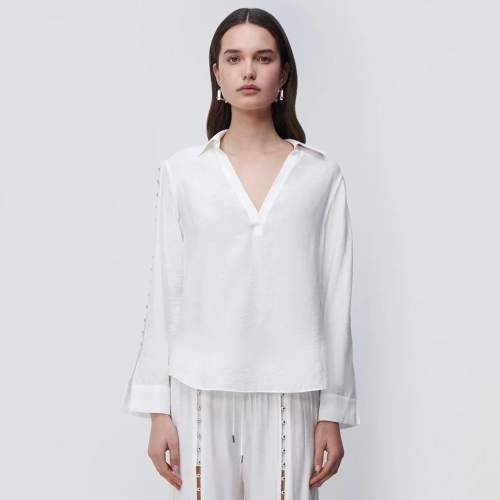 Jonathan Simkhai Stormy Beaded Ivory V-Neck Collar Long Sleeve Coverup Top NWT M - Picture 4 of 12